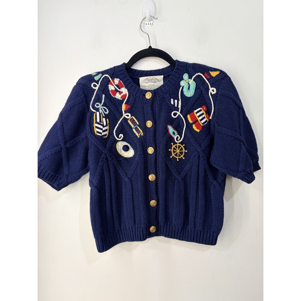 Vintage Susan Bristol Nautical Cardigan Petite Hand Embroidered Ramie Cotton Med